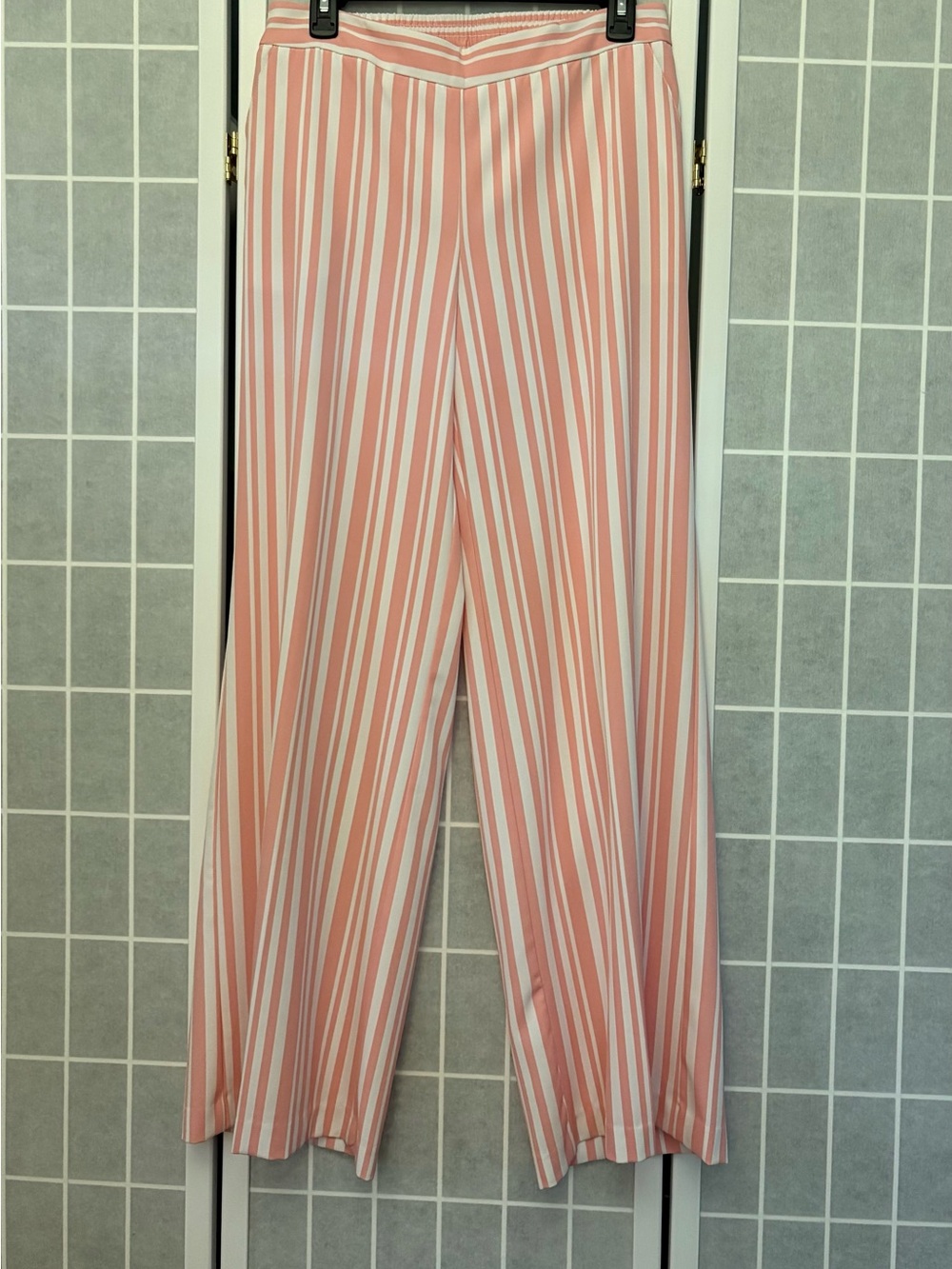 New York & Company Coral and White Vertical Stripe Wide Leg Pants